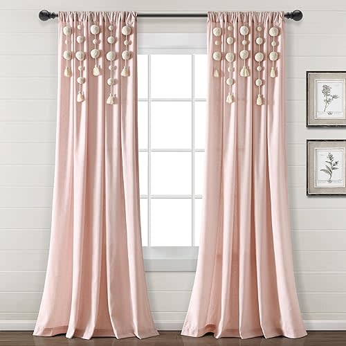 Lush Decor Boho Pom Pom Tassel Linen Window Curtain Panel (Single Panel), 84" L x 52" W, Blush