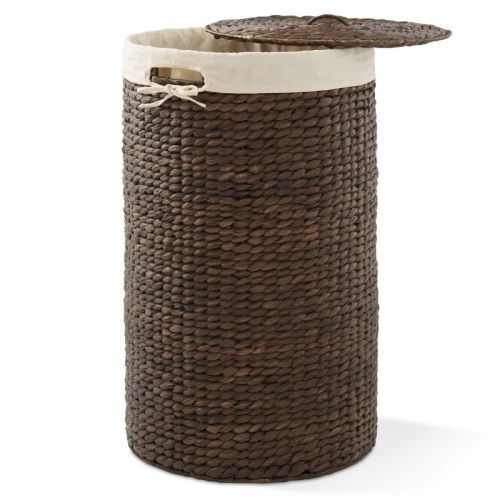 Casafield Round Laundry Hamper with Lid and Removable Liner Bag - Espresso, Woven Water Hyacinth Laundry Basket for Clothes