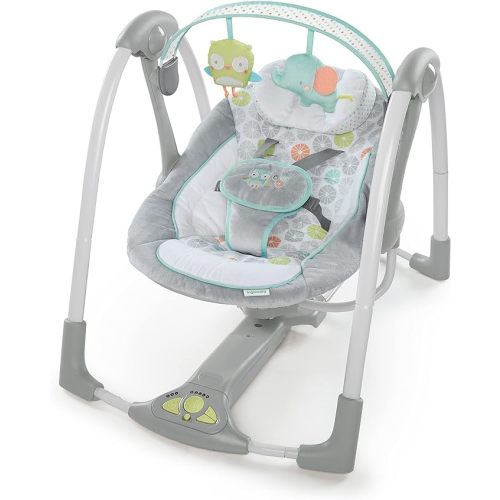 Ingenuity 5-Speed Portable Baby Swing with Music, Nature Sounds & Battery-Saving Technology Hugs & Hoots, Swing ’n Go, 0-9 Months