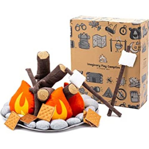 Pretend Campfire for Kids - Sensory Play Camping Toy Set with Plush Felt Fake Fire, Logs and Stones with Fake Food Marshmallow and S'Mores - 17 Piece Set