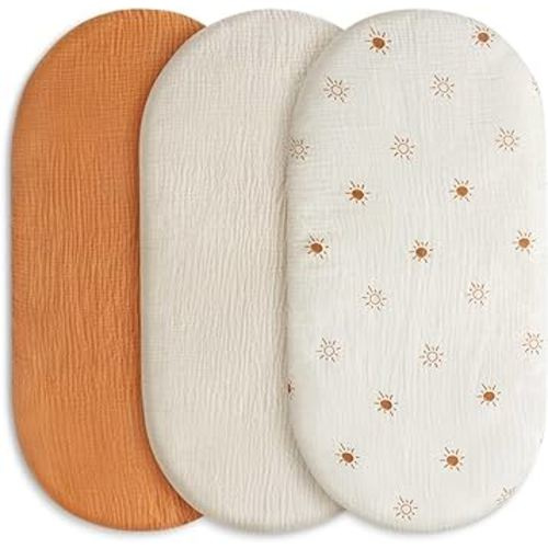Gllquen Baby Muslin Bassinet Sheets 3 Pack, Breathable Elastic Cozy Fitted Cotton Bassinet Mattress Sheet for Baby Boy Girls, Fit for Hourglass Oval Rectangular Cradle Pad Sheets 33"X17" (Sunshine)