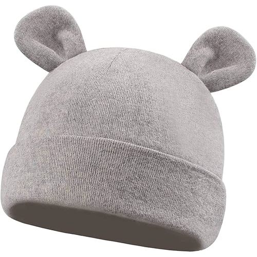 Duoyeree Baby Hat Newborn Hat Adorable Cotton Bear Ear Beanie Cap for Infant Girl Boy 0-6 Months,Grey