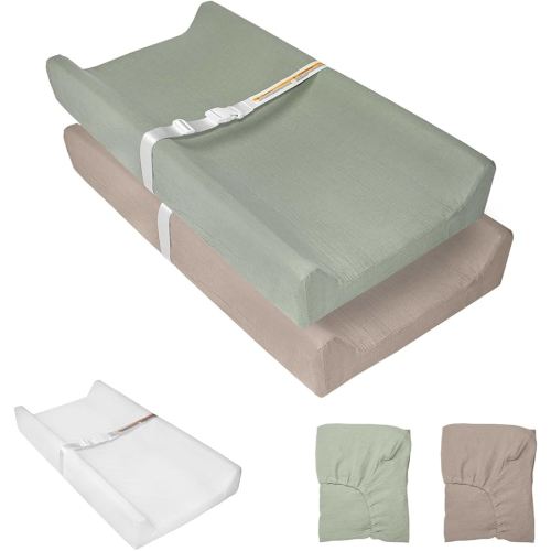 Muslin Baby Changing Pad, 2 Pack Muslin Soft Cotton Covers & Waterproof Lining Foam Diaper Changing Table Pad 32" x 16.6" Mat for Dressers