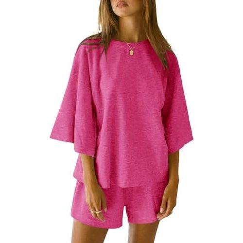 Tankaneo Womens Pajama Sets 3/4 Sleeve Oversized Tops and Elastic Waist Shorts Lounge Sets Loungewear