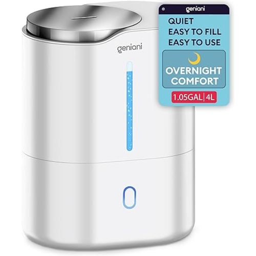 GENIANI Ultrasonic Cool Mist Humidifier for Bedroom, Large Rooms, Home, 4L - Easy Fill & Clean Humidifier for Plants w/Auto Shut-off, 40H Runtime - Quiet, Top Fill Air Humidifier