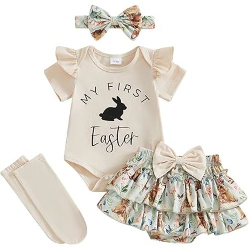 FYBITBO Newborn Baby Girl Christmas Outfits Cute Letter Romper Ruffle Plaid Skirt Dress Infant Christmas Outfit Clothes Set