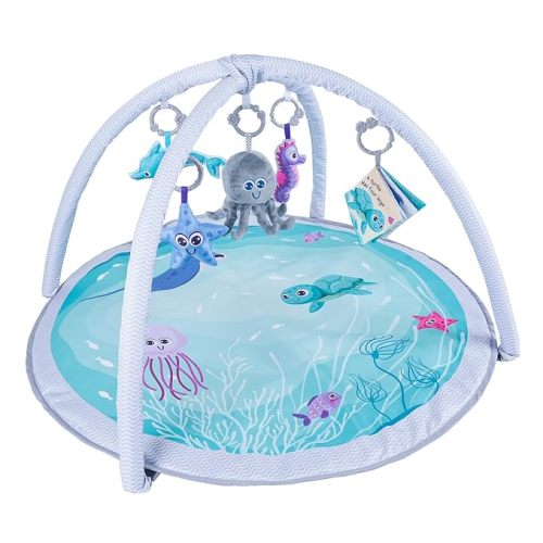 Baby Gym and Infant Play Mat, Sensory and Motor Skill Development Language Discovery Activity Gym, Non Slip Washable Playmats for Babies to Toddlers (Ocean Theme)