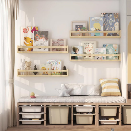 Ebern Designs Floating Nursery Bookcase Set - 4-Pack Wall-Mounted Natural Wood Shelves for Kids, Baby & Teens - Toy Organizer, Decor Display - Space-Saving Design for Bedroom, Bathroom - 23.6 Inch Navy Blue | Wayfair