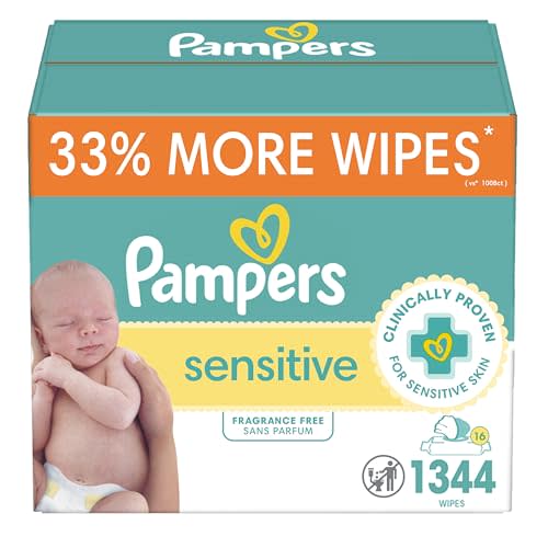 Pampers Sensitive Baby Wipes, Water Based, Hypoallergenic and Unscented, 16 Flip-Top Packs (1344 Wipes Total)