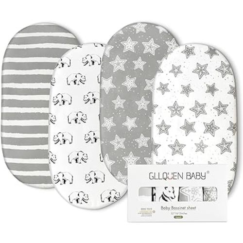 Gllquen Baby Bassinet Sheets 4 Pack, Breathable Cozy Fitted Mattress Sheet, Elastic Travel Crib Fashionable Floral Pattern, Standard Cradle Safe Sheets for Baby Boy Girls 32"X16" (Star)