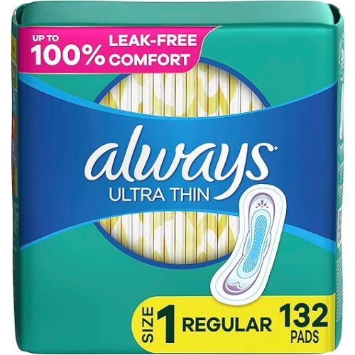 Always Ultra Thin Pads for Women, Size 1 Regular Absorbency Without Wings Unscented, 44 Count x 3 Packs (132 Count total)