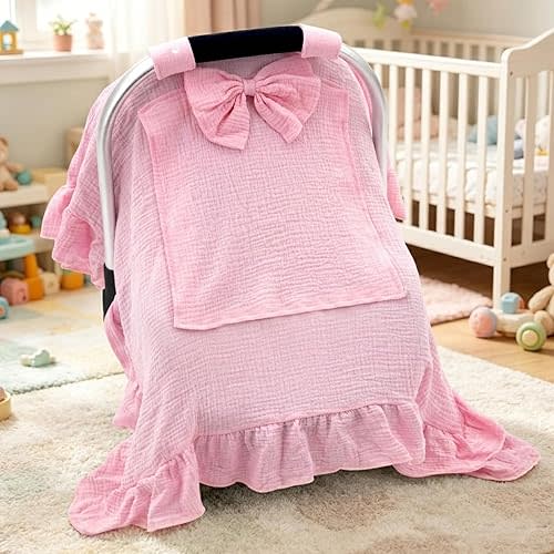 Car Seat Cover Baby Girls, Muslin Infant Car Seat Cover with Detachable Bow, Handmade Baby Carrier Cover with Mesh Peekaboo Window, Multi-Use Carseat Canopy for Newborn Shower Gift