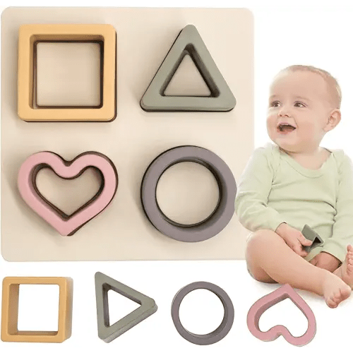 HETOMI Baby Soft Nesting Sorting Stacking Toys Silicone Teething Blocks Shapes Recognition Learning Development Toys for Toddler 3+ Months(Beige)