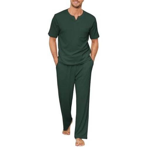 JiniGolla Men Lounge Set Comfy Sleepwear Short Sleeve Pjs Set Soft 2 Piece Pajama Cozy Nightwear with Pockets