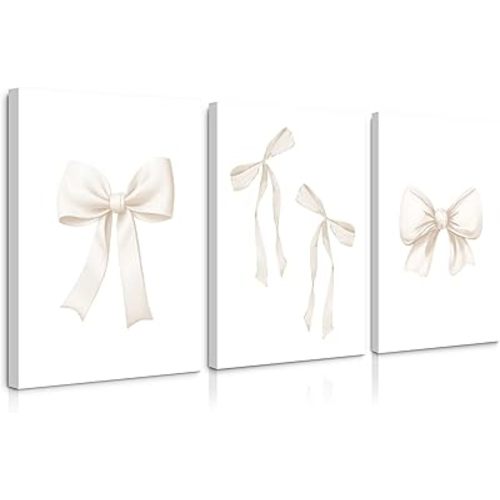 Bow Wall Art Decor Preppy Beige Bow Poster Girly Room Wall Art Prints Beige Bow Knot Wall Decor Coquette Room Picture Pastel Bow Poster for Nursery Girl Room 16x24 Inch Framed Set of 3