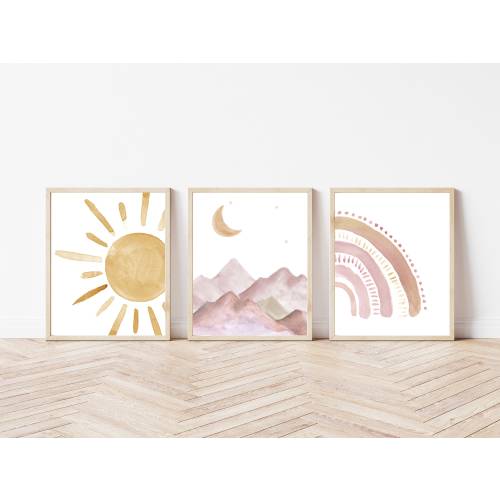 Boho Nursery Print Set | Watercolour Playroom and Nursery Print Set of Three | Sunshine, Mountains and Rainbow Prints