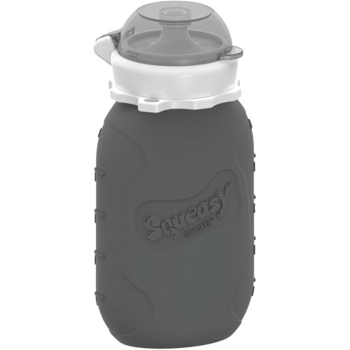 Grey 6 oz Squeasy Snacker Spill Proof Silicone Reusable Food Pouch - for Both Soft Foods and Liquids - Water, Apple Sauce, Yogurt, Smoothies, Baby Food - Dishwasher Safe