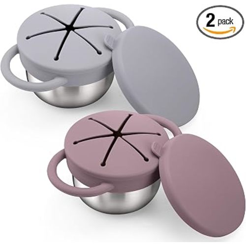 BUSOHA 2 Pack Stainless Steel Toddler Snack Cups - 9 OZ Snack Cups for Toddlers Spill Proof with Catcher and Lid Travel Snack Containers for Kids Food Grade Silicone Dishwasher Safe