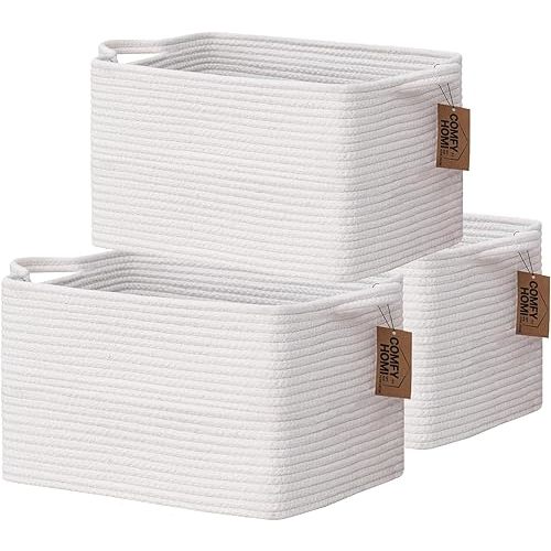 COMFY-HOMI 3PACK Cotton Rope Square Basket with Handles for Shelves|Dog Toy Basket Bin and Storage|Baby Basket for Gif|Shoe basket for Organizing|New13.5" x 11" x 9.5" for Living Room(All White)