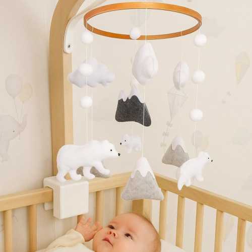 Polar Bear Baby Mobile, Felt Polar Bear, Felt mountains, Gender Neutral Nursery, Baby Crib Mobile, White Baby Mobile, Arctic Nursery Decor,