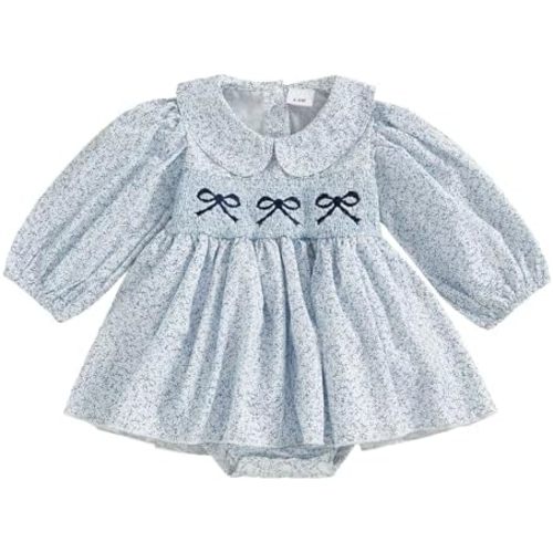 Newborn Baby Girl Romper Dress Bow Puff Sleeve Peter Pan Collar One Piece Jumpsuit Fall Winter Dresses Clothes