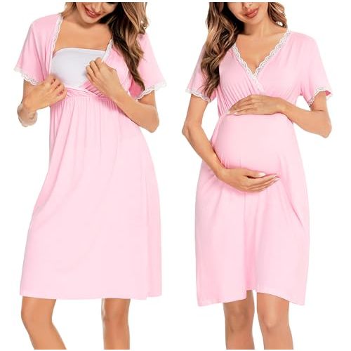 SWOMOG Women 3 in 1 Delivery/Labor/Nursing Nightgown Short Sleeve Pleated Maternity Sleepwear for Breastfeeding