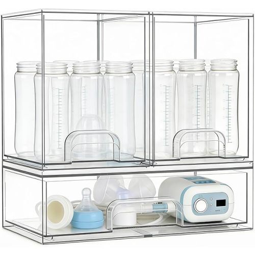 Baby Bottle Organizer, Large Capacity Stackable Acrylic Storage with Non-Slip Pads, for Baby Bottles, Pump Parts, Kitchen Countertop, Pantry, Vanity, 5-Piece