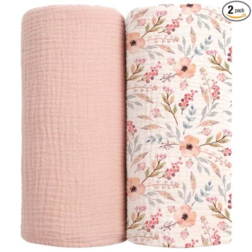 lulumoon Muslin Swaddle Blankets for Baby: Soft Cotton Newborn Receiving Blankets - Floral Print Nursery Gift Set for Baby Girls(Pink Flower)