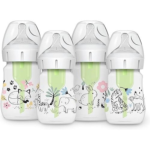 Dr. Brown’s Natural Flow® Anti-Colic Options+™ Wide-Neck Baby Bottle Designer Edition Bottles, Jungle and Woodland Design, 5 oz/150 mL, Level 1 Nipple, 4-Pack, 0m+