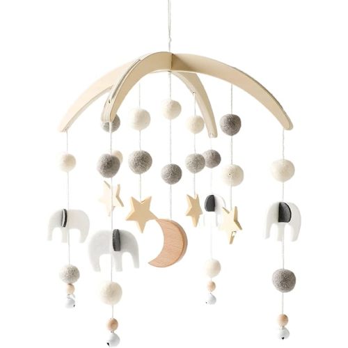 Mobile Baby Wood with Felt Balls, Baby Mobile Wind Chime, Bed Bell Pendant for Baby Crib, Nursery Decoration, Gift for Baby Girl and Boy (Grey) Bed Bells 3