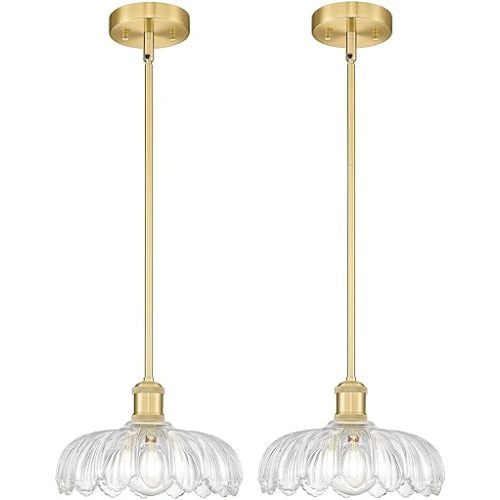 FEMILA 2 Pack Vintage Light Fixtures, Flower Glass Pendant Lights Kitchen Island, Brushed Gold Antique Chandelier, Hanging Light Fixture for Bedroom Hotel Living Room, 4FJX82MIL-2PK BG