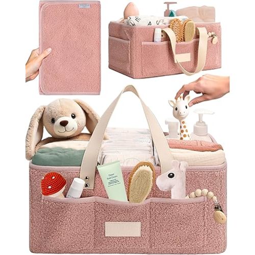 Baby Diaper Caddy Organizer with Portable Changing Mat - Teddy Fleece Diaper Organizer for Changing Table - Baby Basket for Diaper Changing Essentials - Baby Caddy Organizer with Removable Dividers