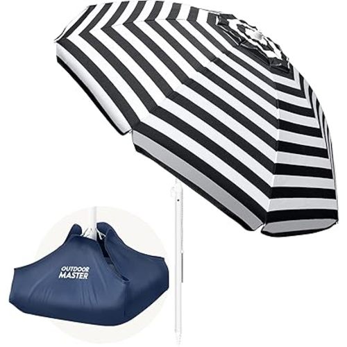 OutdoorMaster Beach Umbrellas for Sand with Sandbag & Anchor, 6.5ft Adjustable Umbrella for Beach Heavy Duty Wind, Portable UPF50+ Sunshade with Carry Bag for Patio, Navy Striped