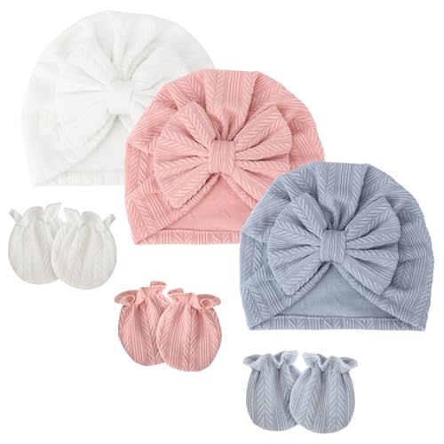 Newborn Baby Hats and Mittens Baby Bow Beanie No Scratch Cotton Infant Caps Newborn Hats for Baby Girls 0-12 Months