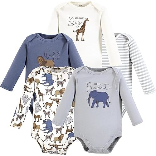 Touched by Nature Unisex Baby Organic Cotton Long-Sleeve Bodysuits, Classic Safari, Newborn