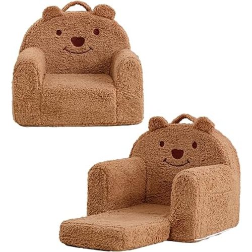Toddler Chair,Sherpa Bear Kids Chair,Toddler Couch Fold Out,Children Reading Chair,Flip Out Kids Couch,Toddler Sofa Convertible for Age 1-3(Brown Bear)