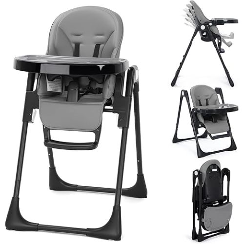 Kinder King Convertible High Chair for Babies & Toddlers, Adjustable Baby Feeding High Chair with Removable Double Tray, Simple Compact Fold for Space-Saving, 2 Built-in Wheels, Easy to Clean, Gray