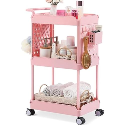 TOOLF 3 Tier Rolling Storage Cart, Utility Cart on Wheels with Pegboard Hanging Bins & Hooks, Pink Rolling Organizer Craft Cart, Storage Cart for Baby Nursery Dorm Kitchen Bathroom Laundry Bedside