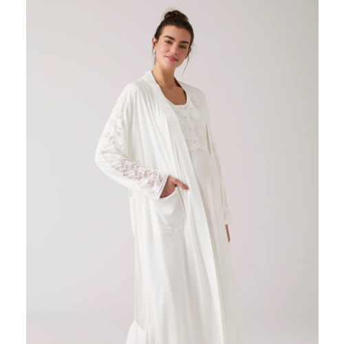 Lace Embroidered Maternity-Nursing Nightgown & Robe Set Ecru - 1017