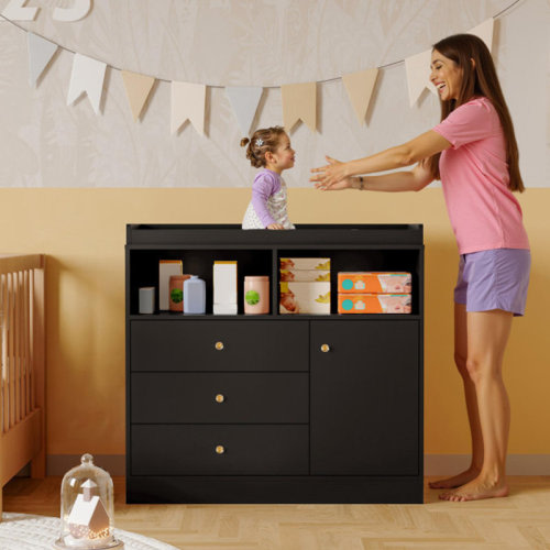 Ebern Designs Baby Dresser with Changing Table Top, Tall Wooden Diaper Changing Station with 2 Open Shelves, 3 Drawers, and 1 Cabinet, Modern Baby Dressers, Ideal for Nursery, Bedroom, Kids Room, Black | Wayfair