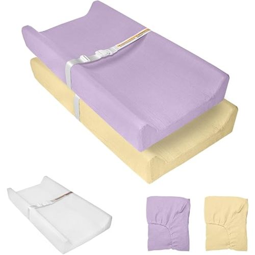 JVEOO Muslin Baby Changing Pad, 2 Pack Muslin Soft Cotton Covers & Waterproof Lining Foam Diaper Changing Table Pad 32" x 16.6" Mat for Dressers