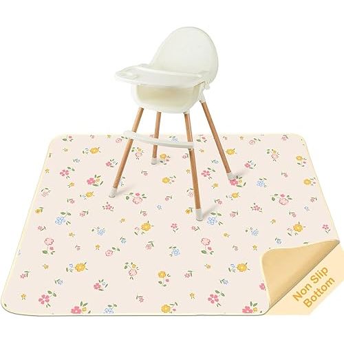 BeBeJoJo Splat Mat for Under High Chair 42 x 42 Inch Waterproof Baby Splash Mat with Non Slip Bottom Reusable Portable Highchair Mat for Floor Food Catcher for High Chair, Yellow Pink Floral