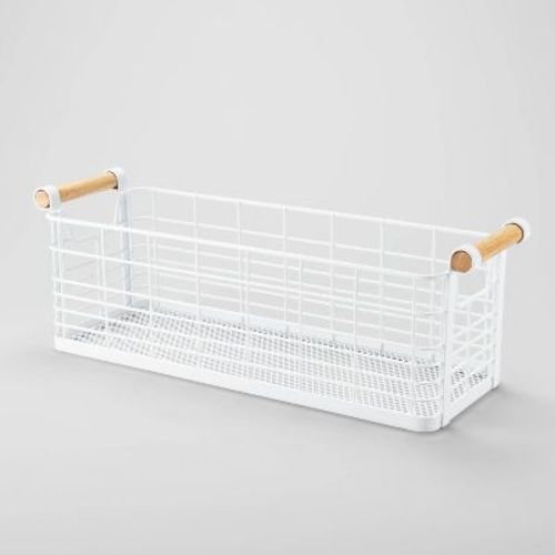16" X 6" X 6" Medium Rectangular Wire Natural Wood Handles Basket White - Brightroom™
