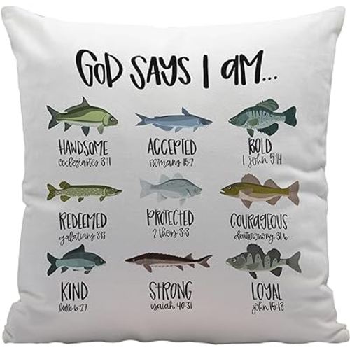 Christian Bible Scripture God Says I am Fishing Throw Pillow Cover Decor for Home Kids Room Nursery Playroom Decor,Fishing Gifts for Kids Girls Boys,Christian Gifts for Women Teen Girls,18x18 Inches