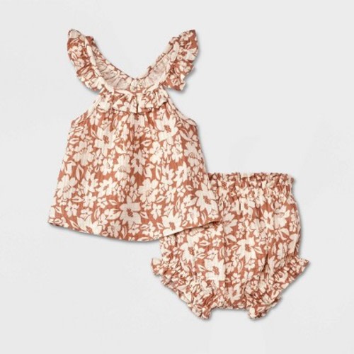 Grayson Collective Baby Girls' Sleeveless Gauze Ruffle Tank Top & Bloomer Set - Brown