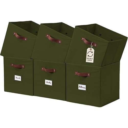 DECOMOMO Storage Bins, Cube Storage Bin with Labels, Fabric Storage Cubes for Shelves (10.5" x 11" / 6pcs, Olive Green)