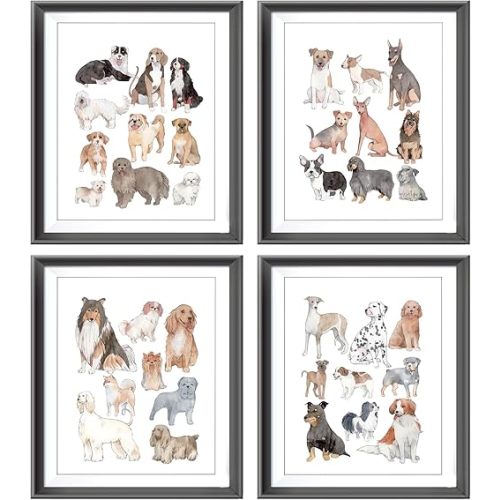 Watercolor Dog Breeds Types of Dogs Poster Prints for Home Bedroom Nursery Living Room Decor, Knowledge Dog Pet Themed Decorations Prints Wall Art Unframed 4pcs 8x10inches, Dog Lovers Owner Gifts