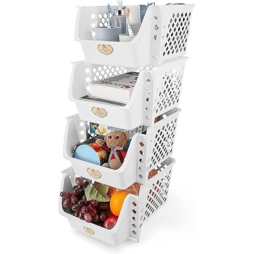 Titan Mall Plastic Stackable Storage Bins 4 Pack White, Stacking Bins Open Front for Kicthen, Garage Bathroom Pantry Organizer and Storage Basket for Fruit, Vegetable, Snack(Made in USA)