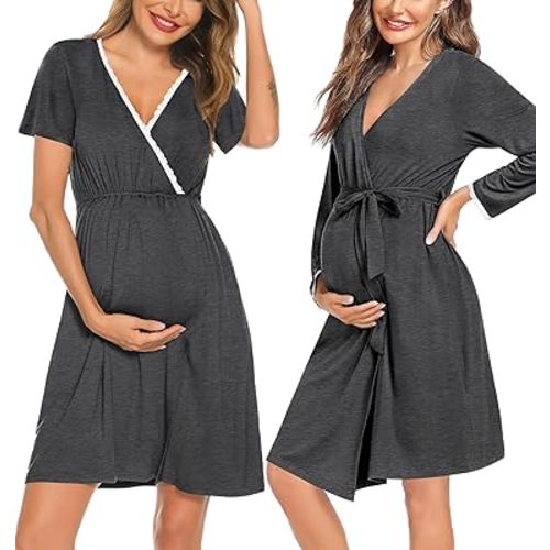 SWOMOG Maternity Robe Nursing Nightgown 3 in 1 Labor Delivery Birthing Gown for Hospital Breastfeeding Bathrobes Lace Dress