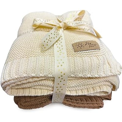Knitted Cotton Baby Blankets - for Extreme Comfort, Breathable Warmth, and Gentle Care for Newborns and Infants (2 Pack - Creme & Coffee)